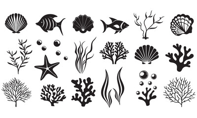 Marine Life Silhouette Vector Set | Coral, Seashell, Starfish, and Fish Clipart Collection