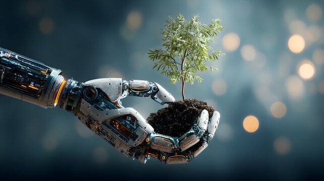 Mechanical appendage carefully supports newly sprouted sapling in rich soil