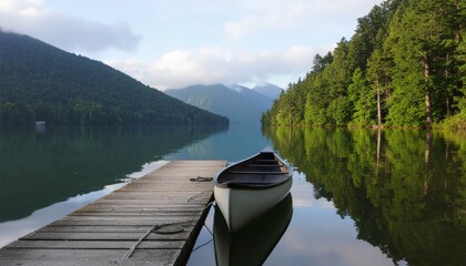 Canoe on Dock by Mountain Lake