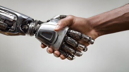 Human and mechanical appendages clasp firmly in a gesture of connection against a neutral background