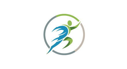 Abstract logo of a green running figure with a blue dynamic swoosh, enclosed in a circular frame.