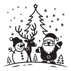 Joyful Christmas celebration with Santa Claus, a cheerful snowman, a festive reindeer, and a decorated Christmas tree surrounded by falling snowflakes on this special holiday day