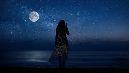 Woman silhouetted against a starry night sky and moonlit ocean