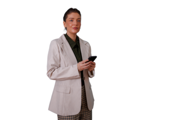 Businesswoman messaging on phone, connecting, and working digitally. Communication concept. Transparent background
