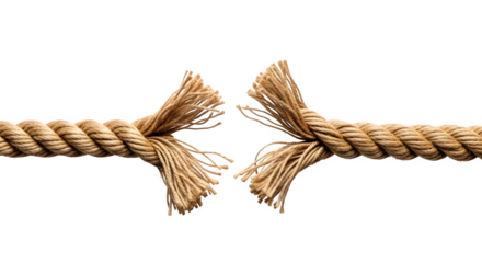Close up of a thick natural fiber rope that has snapped and frayed apart in the middle isolated on transparent background