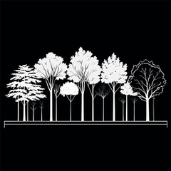 Architectural Drawings, Minimal style cad tree line drawing, Side view, set of section wetland forest outline for landscape design drawing. Vector illustration in seperate element
