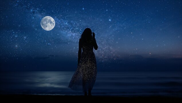 Woman silhouetted against a starry night sky and moonlit ocean