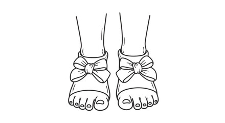 Delicate line art illustrating a pair of feet in sandals adorned with charming bows for fashion