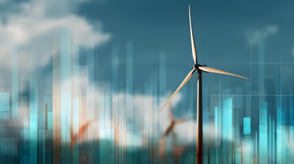 Modern wind turbine stands against a digitally enhanced sky suggesting renewable energy progress