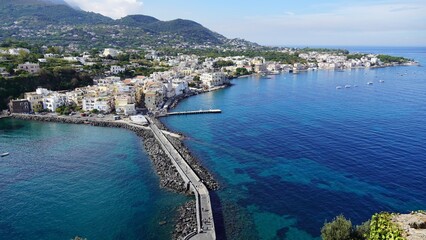 View of waterfront of Ischia Ponte from the top of the aragonese Castle, Ischia, Italy