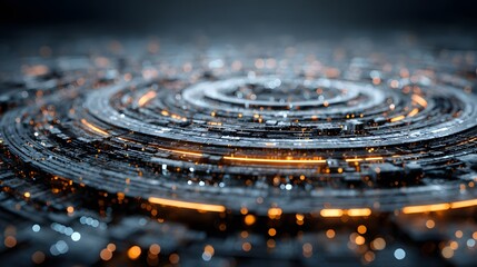 Concentric rings of illuminated digital circuitry form a complex technological pattern