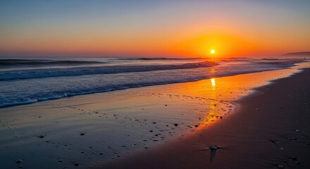 Vibrant sunset paints the tranquil ocean beach with hues of orange and gold, shimmering reflections on wet sand and gentle waves, creating a serene coastal landscape at dusk
