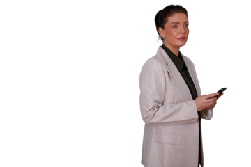 Businesswoman looking away holding smartphone, professional communicating, planning, networking, confident leader