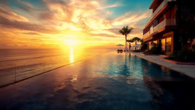 Aerial view of luxurious infinity pool overlooking ocean during sunset.