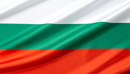 Obraz premium Bulgarian national flag with white, green, and red horizontal stripes and realistic fabric texture.