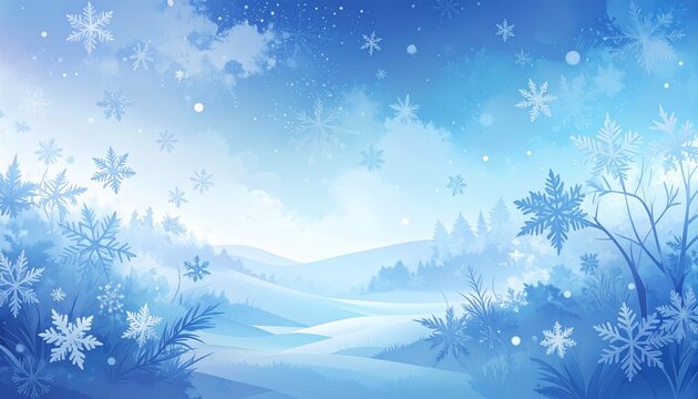 Winter landscape with snowflakes and frosty trees in a serene blue atmosphere during daytime