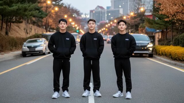 Three young men dress in matching outfits, standing on an empty road at twilight, exuding confidence and unity in their posture