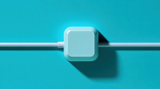 White power adapter plugged into a white cable on a turquoise background. the power adapter is square in shape and appears to be made of plastic or a similar material.