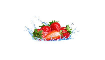 Red ripe strawberries splashed into fresh water on white background