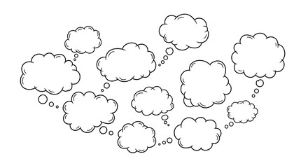 Assortment of empty thought clouds in different formations, sketched by hand for illustrating imagination, ideas, or brainstorming.