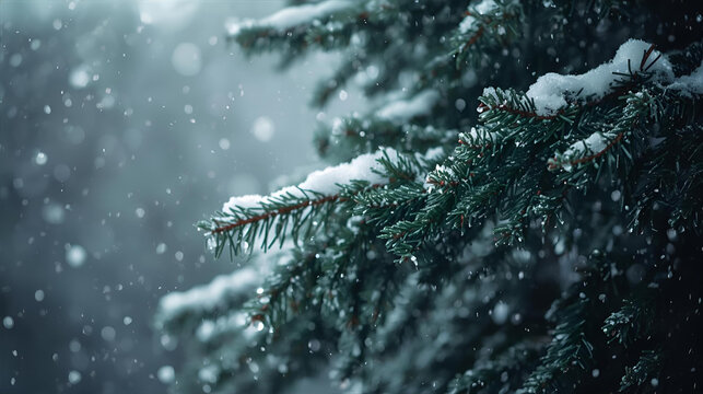 A close up of a snow covered pine tree branch during a heavy winter snowfall day