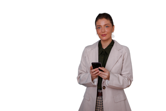 Businesswoman standing, holding smartphone, browsing internet, using mobile app, searching information with transparent background