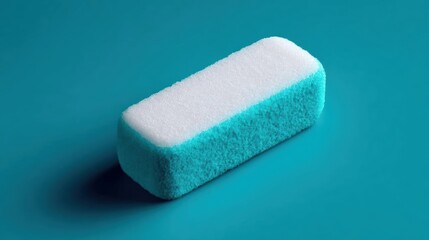 3d rendering of a blue sponge on a turquoise background. the sponge is rectangular in shape and has a white foam-like texture on top.