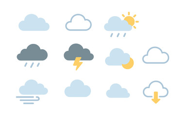 Obraz premium Weather icons set in soft blue, gray and yellow tones