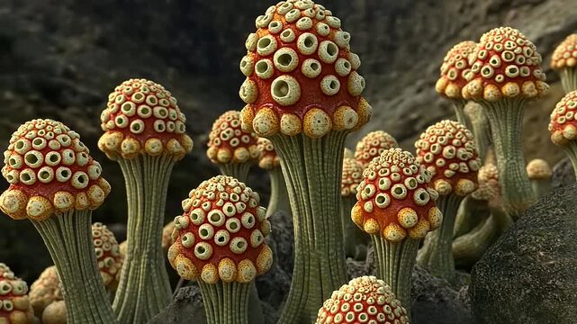 Otherworldly fungal meadow with striking textures and hues showcasing botanical oddities in nature exploration