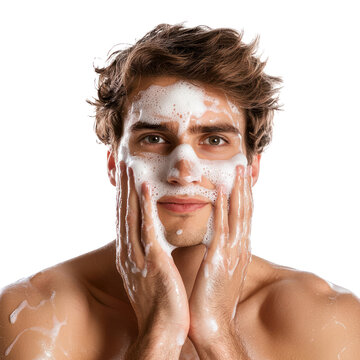 A man using a facial cleanser Washing his face with a foam or gel cleanser. full length isolate on transparent background