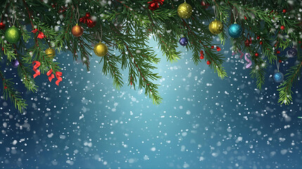 Christmas tree branches with ornaments and snow falling on a blue background art