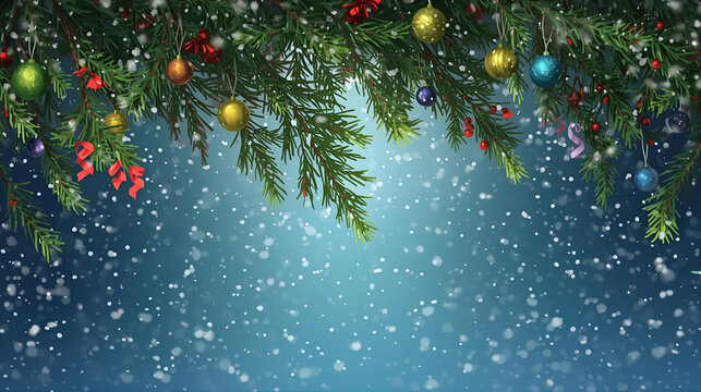 Christmas tree branches with ornaments and snow falling on a blue background art