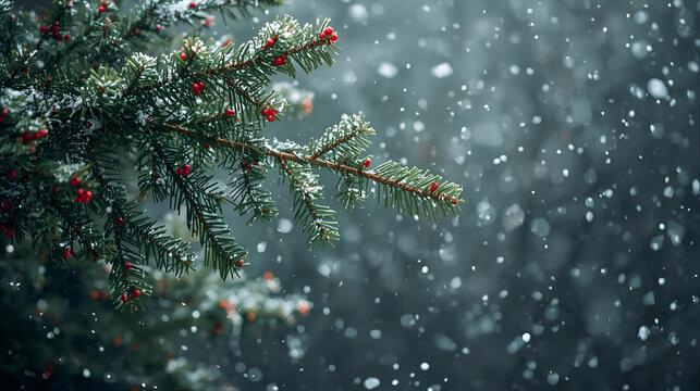 A close up of a pine tree branch with red berries during a heavy snowfall scene