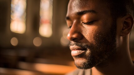 Young adult man deeply engaged in prayer or contemplation inside a spiritual building