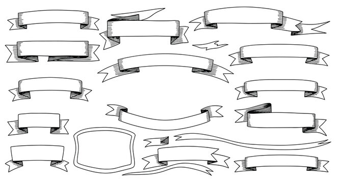 Large set of hand-sketched banners and ribbons in a retro, engraved style, offering a variety of shapes for vintage design.