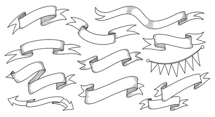 Versatile assortment of hand-drawn ribbons and banners, including flag and arrow designs, in a classic sketched ink style.