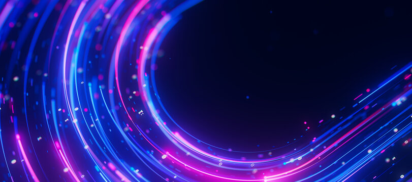 Bigdata light speed data flow U-turn closeup. Abstract digital data stream of quantum computing. Cyberspace of qubit trails. Modern tech information transmission.