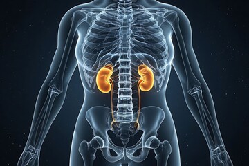 Human anatomy illustration showing the kidneys within the skeletal system