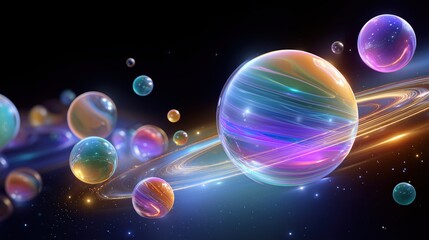 Naklejka premium Vibrant Cosmic Spheres with Glowing Rings and Starry Background