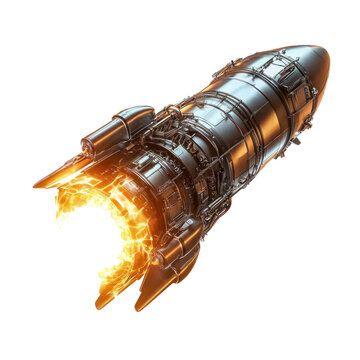 Rocket with a glowing engine A 3D rocket with a bright, illuminated engine showing powerful thrust. full length isolate on transparent background