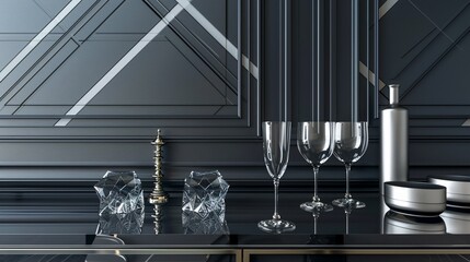 A sleek, modern bar scene with elegant glassware and decor against a dark, geometric wall