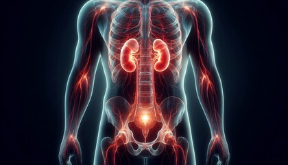 Human anatomy kidneys and urinary system glowing red and blue