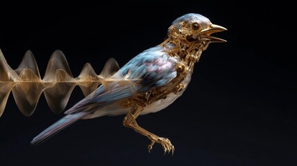 Digital art piece of a bird, specifically a bird with a unique design. the bird is in mid-flight, with its wings spread wide and its beak open as if it is singing.