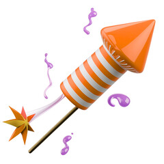 Stylized orange and white striped firework rocket with a lit fuse and purple confetti, celebrating a festive occasion.