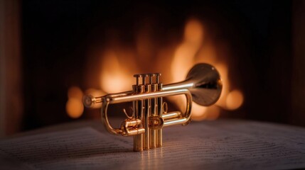 Obraz premium Golden trumpet resting on top of an open sheet of music. the trumpet is positioned in the center of the image, with the body of the trumpet facing towards the right side of the frame.