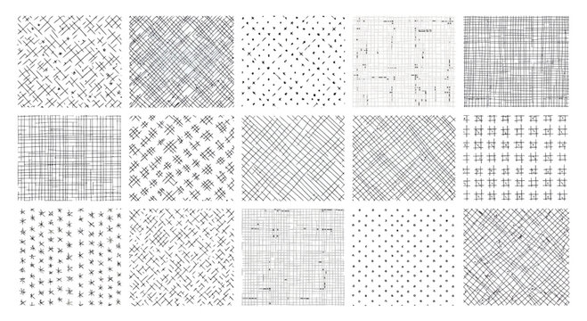 Collection of hand-drawn monochrome textures featuring various minimalist line and dot patterns