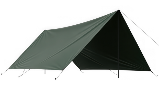 Green camping tarp shelter setup, outdoor bushcraft equipment