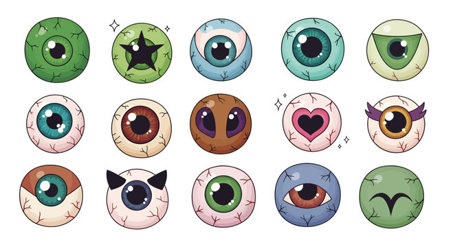 Naklejki Collection of whimsical cartoon eyeball icons with creative designs and vibrant color palettes