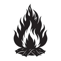 Bold Black Illustration of a Campfire with Stylized Flames and Wood Logs