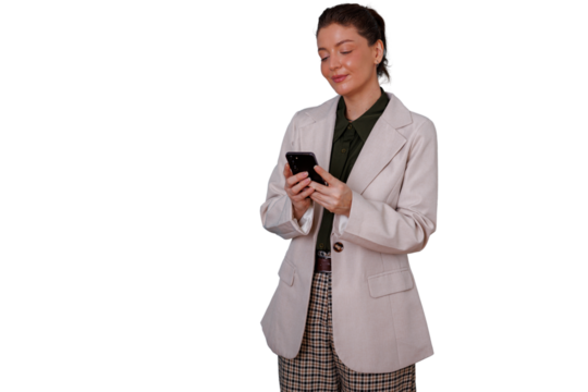 Woman smiling and typing on smartphone, communicating and networking online for business on transparent background